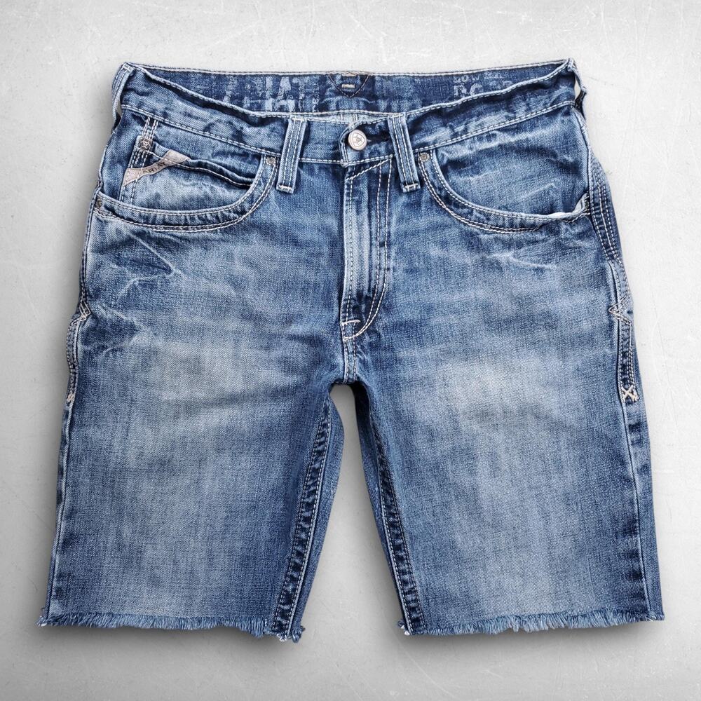 Ariat Low Rise Cutoff Denim Shorts Men 31 Blue Distressed Frayed Hem Flat Front